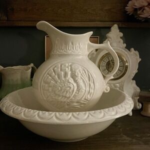 Vintage McCoy Pottery Embossed 3D Turkey Rustic Decor Wash Basin Bowl Pitcher